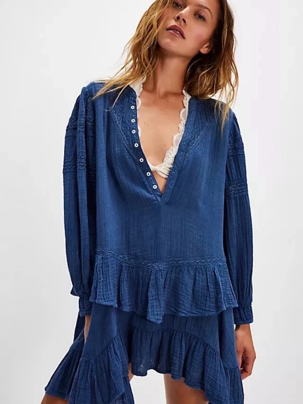 Free People Indigo Blue Ruffled Peasant Blouse
